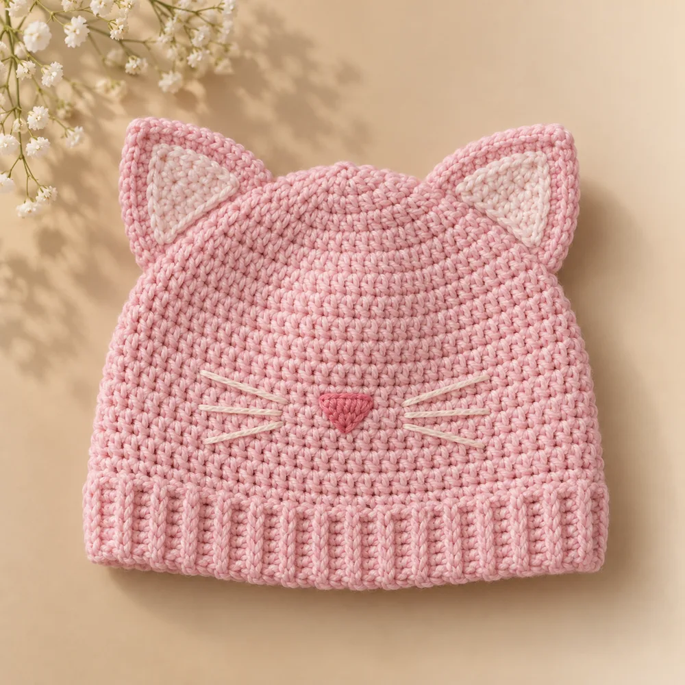 Touca de bebê em crochê no formato de gatinho rosa, versão de verão em linha fina de algodão