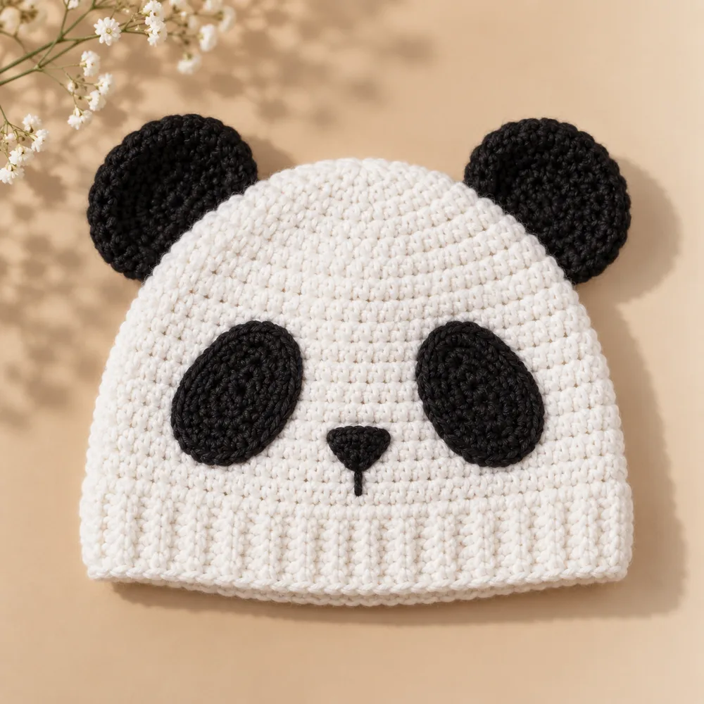 Touca de bebê em crochê no formato de pandinha, versão de verão em linha fina de algodão