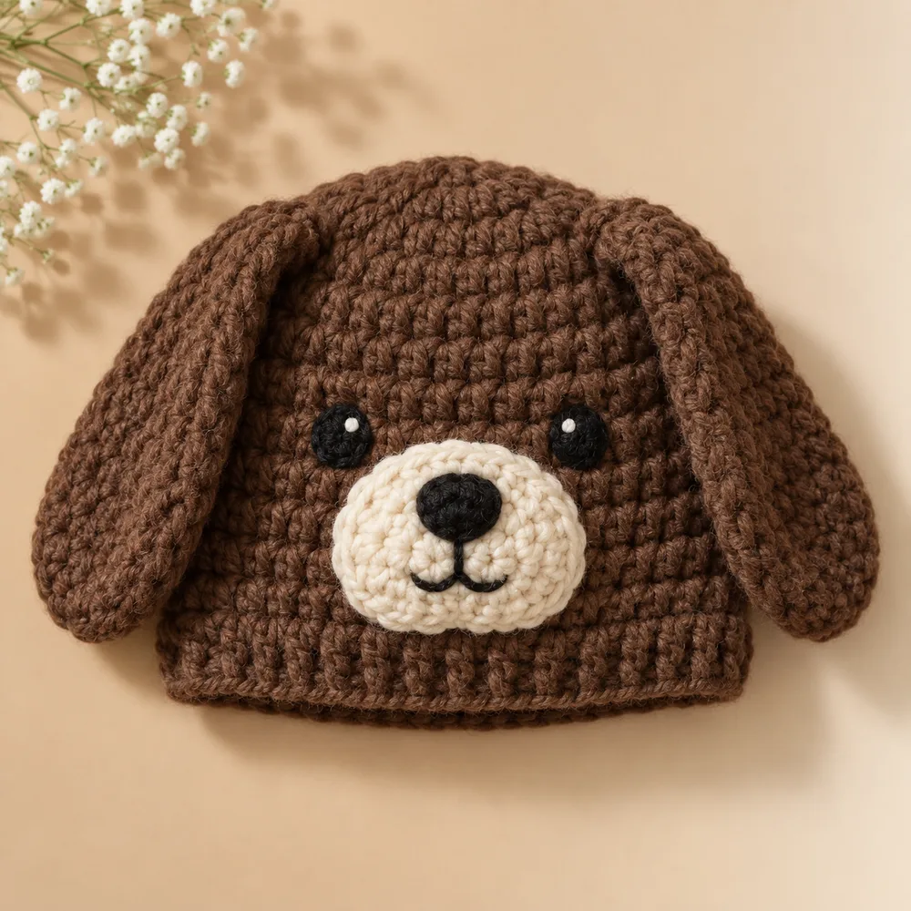 Touca de bebê em crochê no formato de cachorrinho, versão de inverno em lã macia