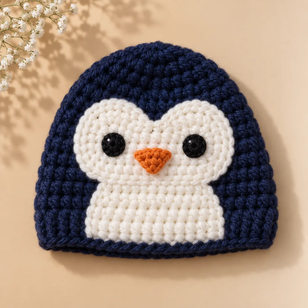 Touca de bebê em crochê no formato de pinguinzinho, versão de inverno em lã macia